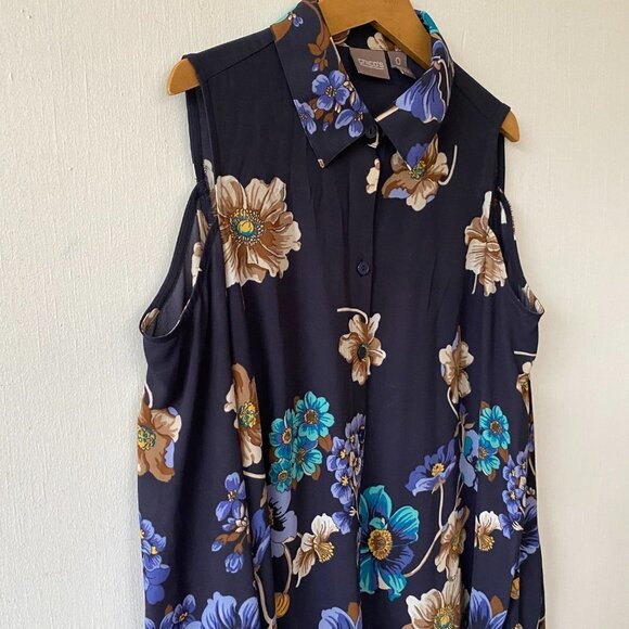 Chico's Cold-Shoulder Blouse Womens Small Blue Floral Collared Button Front - Picture 2 of 8